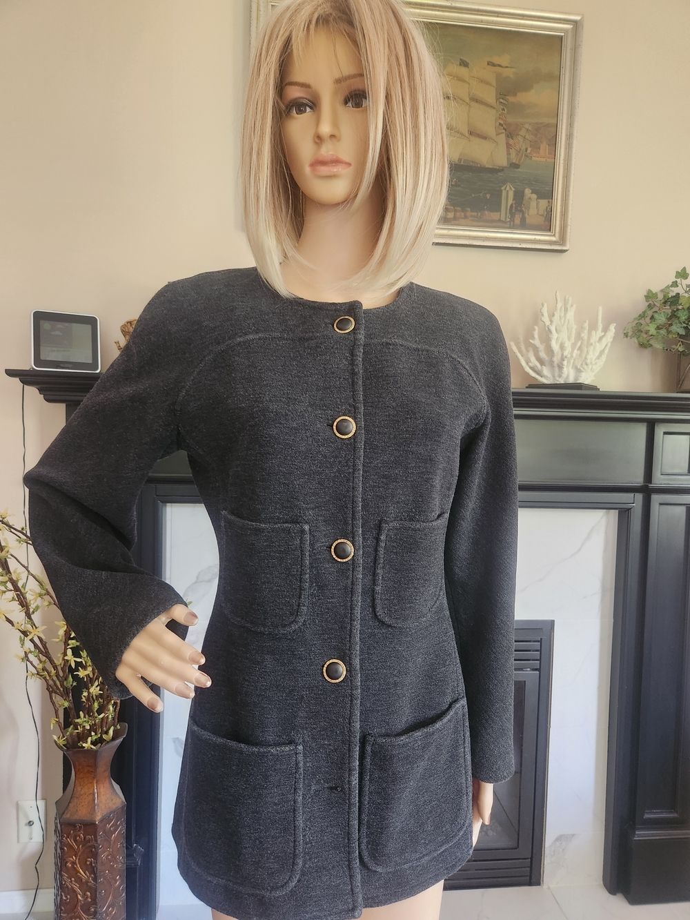 Women's Charcoal Gray Button Front Coat with Patch Pockets